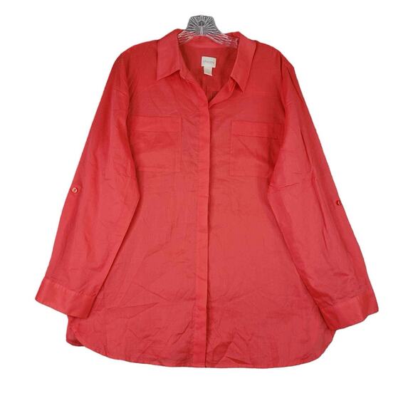 Chicos Shirt Womens Button Up Collared LS Blouse Orange Size 2 US Large Cotton - Picture 2 of 10